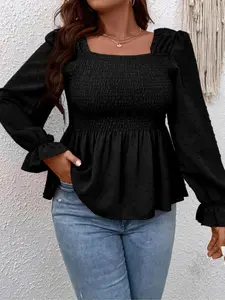 Peplum Shirt with Extra Dot Optical Sleeves, Stylish Women's Top for Office or Casual Use, Fitted Woven Fabric, Moderate Thickness, Spring & Fall Season, Blouse Long Sleeve