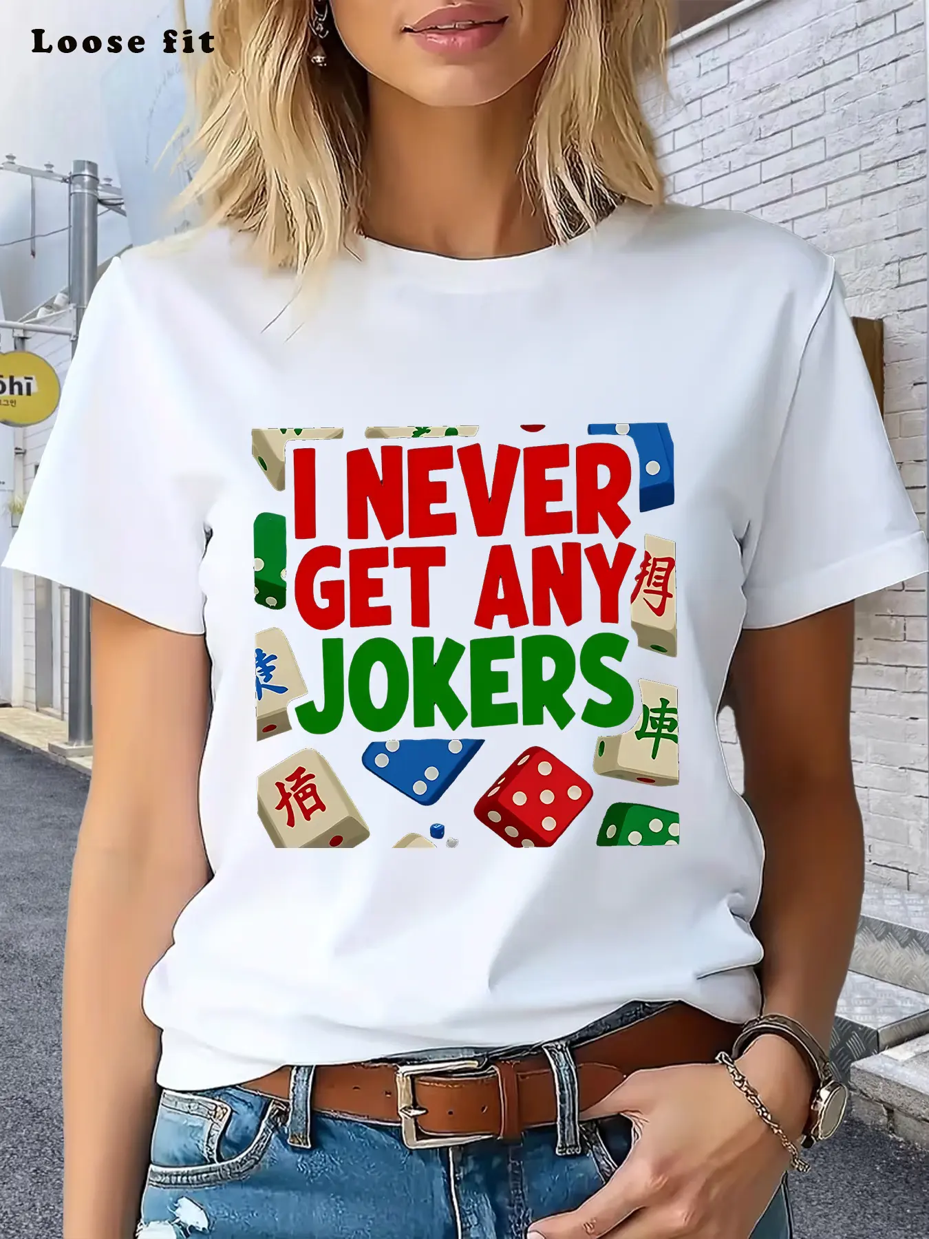 I Never Get Any Jokers T-Shirt |   Dice and Mahjong Tiles Pattern Casual Wear for Gaming and Party Events Summer Short Sleeved Printed T-Shirt Suitable for Both Men and Women