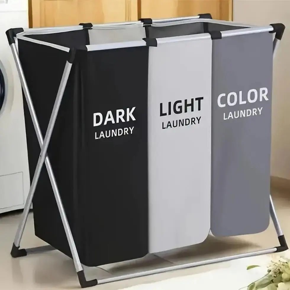 Laundry Basket Sorter 3-Section Laundry Basket Organizer Foldable Hamper/Sorter with Waterproof Oxford Bags and Aluminum Frame, Laundry Hamper suitable for laundry rooms