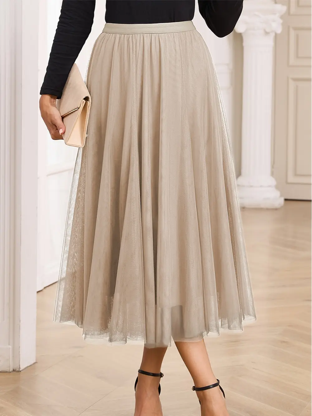 Tulle Mesh Overlay Flared Midi Skirt,  Crafted With Layers of Gauzy Tulle for an Enchanting Effect.