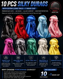 10-Pack Silky Satin Durags for 360 Waves