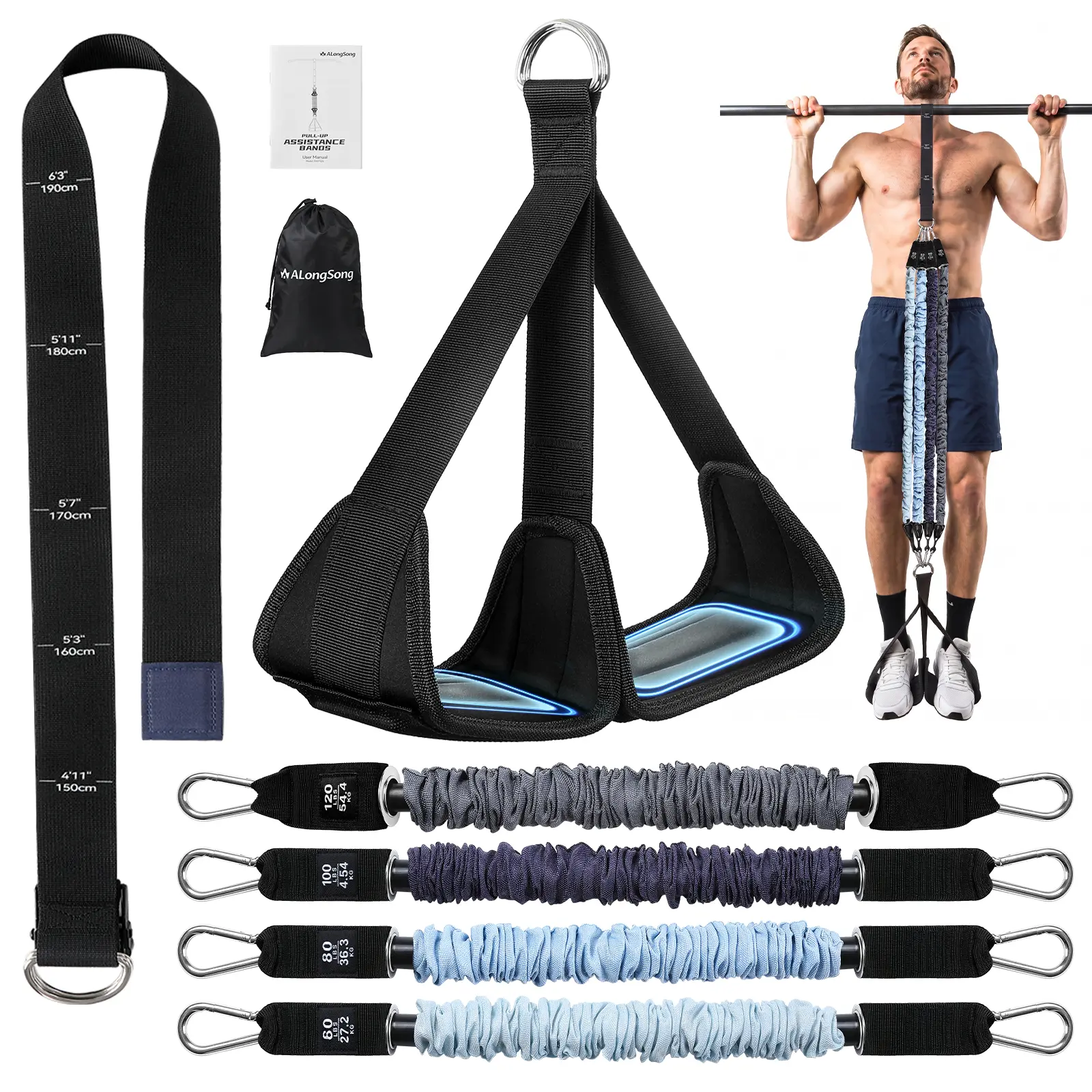 ALongSong Pull Up Assistance Bands with Foot Pedal, Heavy Duty Adjustable Resistance Bands with Measured Strap for Assisted Pull Ups, Strength Training & Home Gym Workouts, Modern Color Series