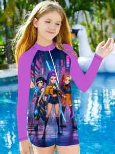 Girls Kpop Korean Style Long Sleeve Jumpsuit, Cyberpunk Girl Group 3D Cartoon Full Print Summer Quick Dry Swimsuit