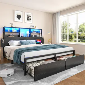 Raybee LED Bed Frame for Queen with 2 Storage Drawers & Bookcase, 2 Pockets & 6 Shelves, Modern Industrial Platform Bedframes with Headboard & Built-In Power Outlet, No Noise, Holds 1100 LBS with Metal Slats, Black, Rusticn Brown, Full, Queen, King