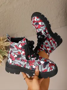 New Skull Rose Print Short Boots, Thick Sole Lace-Up Punk Style Women's Shoes, PU Leather Above Ankle Casual Fashion Booties, Rubber, Footwear