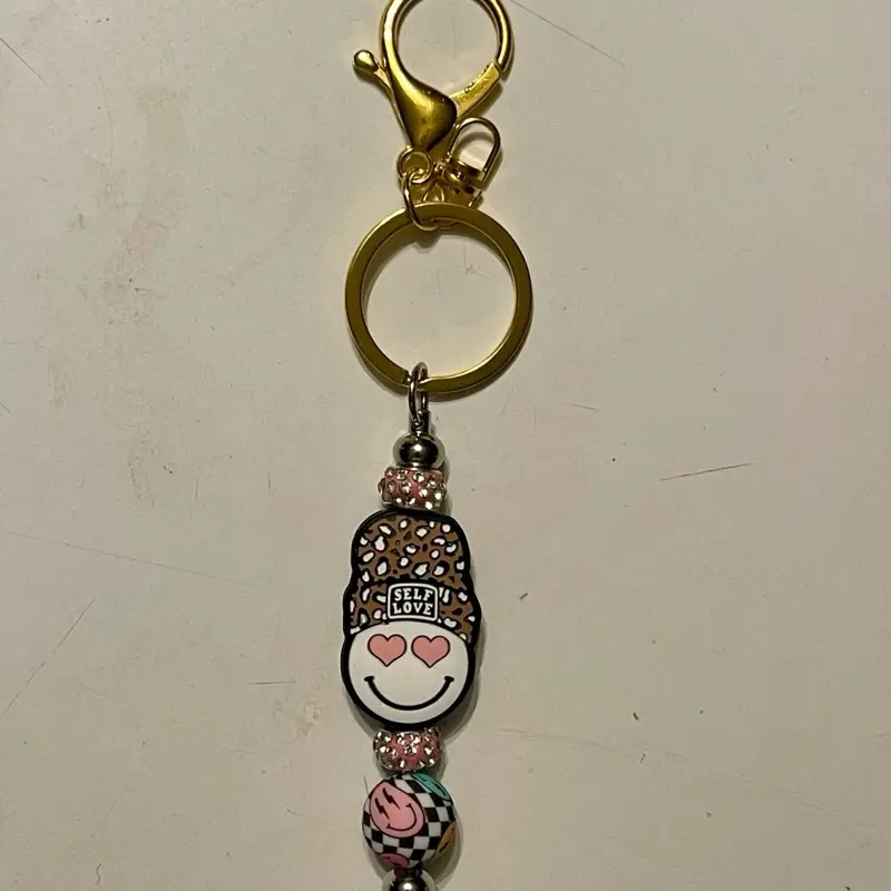 Positive Vibes Smiley Face Beaded Keychain with Checkerboard Bead