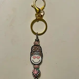 Positive Vibes Smiley Face Beaded Keychain with Checkerboard Bead