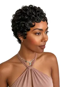 Short Layered Natural Looking Pixie Cut Curly Human Hair Wigs Glueless Wear and Go with Bangs for Women