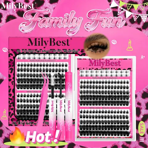MilyBest Cove Wispy Manga Lash Cluster Kit - Beginner-Friendly Cosmetic DIY Eyelash Extensions, 10-18mm D Curl Mixed Length, Natural Fluffy Lightweight Upper & Bottom Lashes, with Bond, Seal, Glue & Tweezers for Daily Makeup Tutorials,familyfun