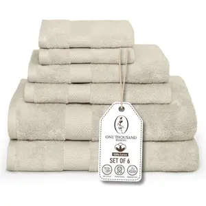 Premium Staple Cotton Bathroom Towel Set - Beige 600 GSM 6-Piece Luxury Bath Towel Set 1 Stripe - 2 Bath Towels, 2 Hand Towels & 2 Washclothes Set - High Absorbent & Quick Dry for Gym, Spa, Hotel