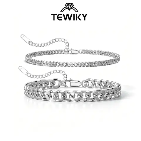 Tewiky Silver Stainless Steel Double-Strand Men's Layered Chain Bracelet - Sturdy Link, Stackable, Waterproof, Hypoallergenic, High Quality, Bracelets Stack, Anniversary Gift for Him, Layered Bracelet