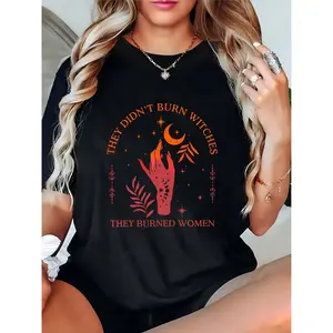 Women's Black "They Didn't Burn Witches They Burned Women" T-Shirt, Crescent Moon, Hand, Stars & Botanical Leaves Print, Feminist Halloween Casual Top for Ladies 100% Cotton T-shirt