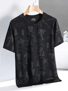 Menswear Men's Summer Short-Sleeve Loose-Fit Crew-Neck T-Shirt, All-Over Tropical Palm & Cactus Print, Casual Top for Outdoor Running, Fishing