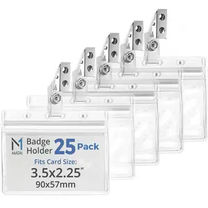PVC ID Card Holder with Clip and Vinyl Straps, Waterproof Plastic Badges with Clips, Horizontal Name Tag and Metal Clip (Clear, 3.5x2.25 Inch, 25 PK)