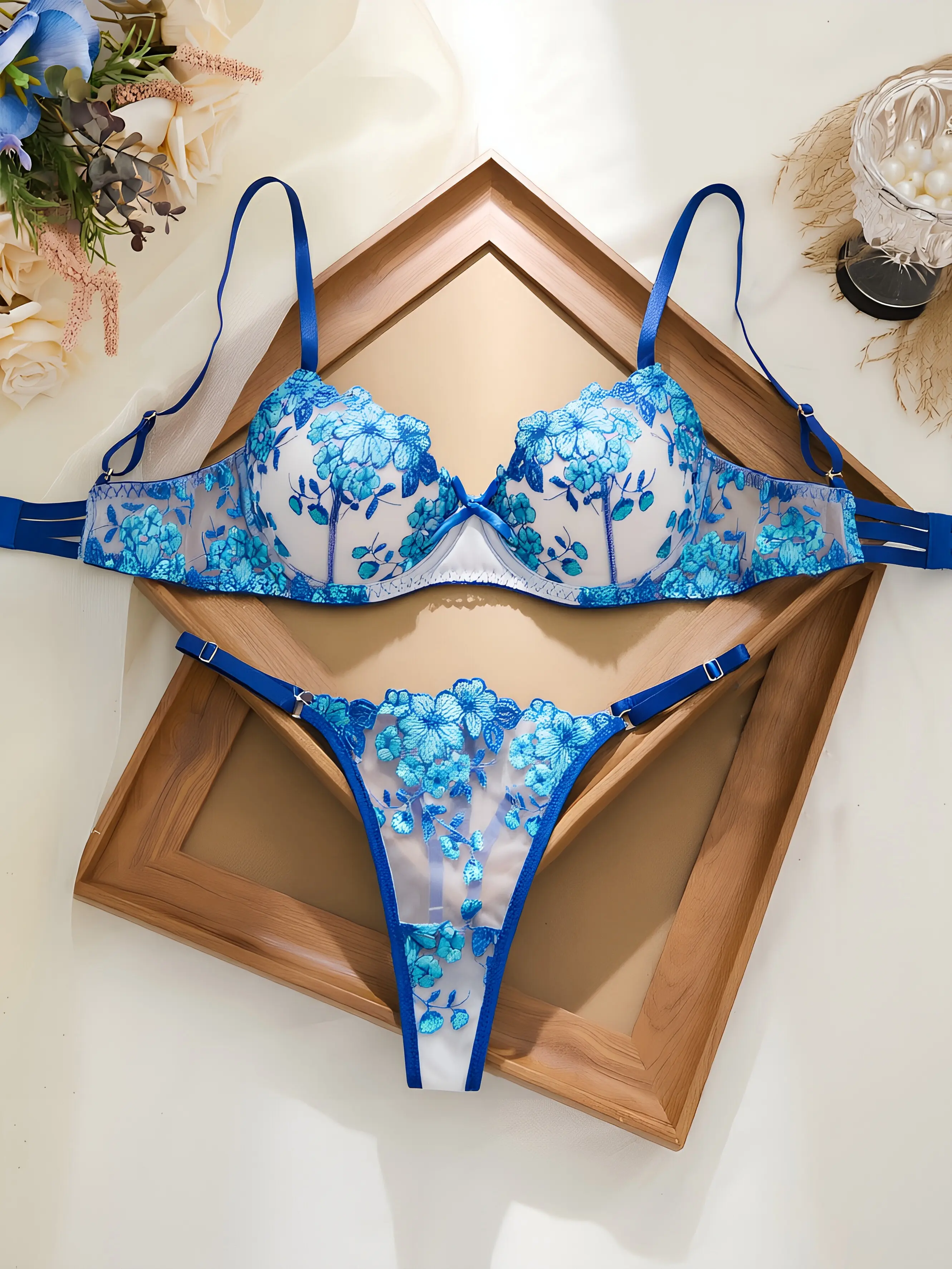 Women's 2-Piece Lace Underwear Set - Lady's Sheer Floral Embroidery V-Neck Butterfly Bra & Thong, Mesh Fabric, Elegant Style, 3/4 Coverage for Wedding, All-Season Wear