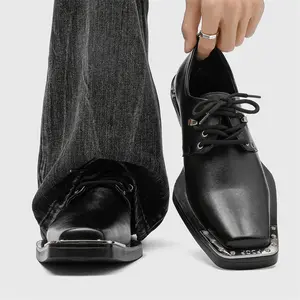 Men's All-Black Leather Metal-Toe Derbys, Fall-Winter Daily Wear Formal Shoe, Men's Footwear
