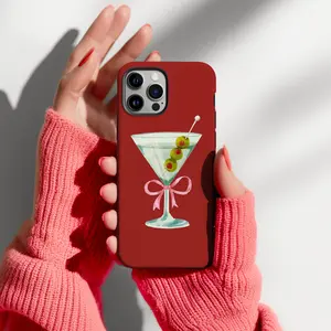 Dirty Martini Phone Case, Red Cocktail Phone Cover, Girly, Bow, Minimalist, iPhone 16 Pro Max