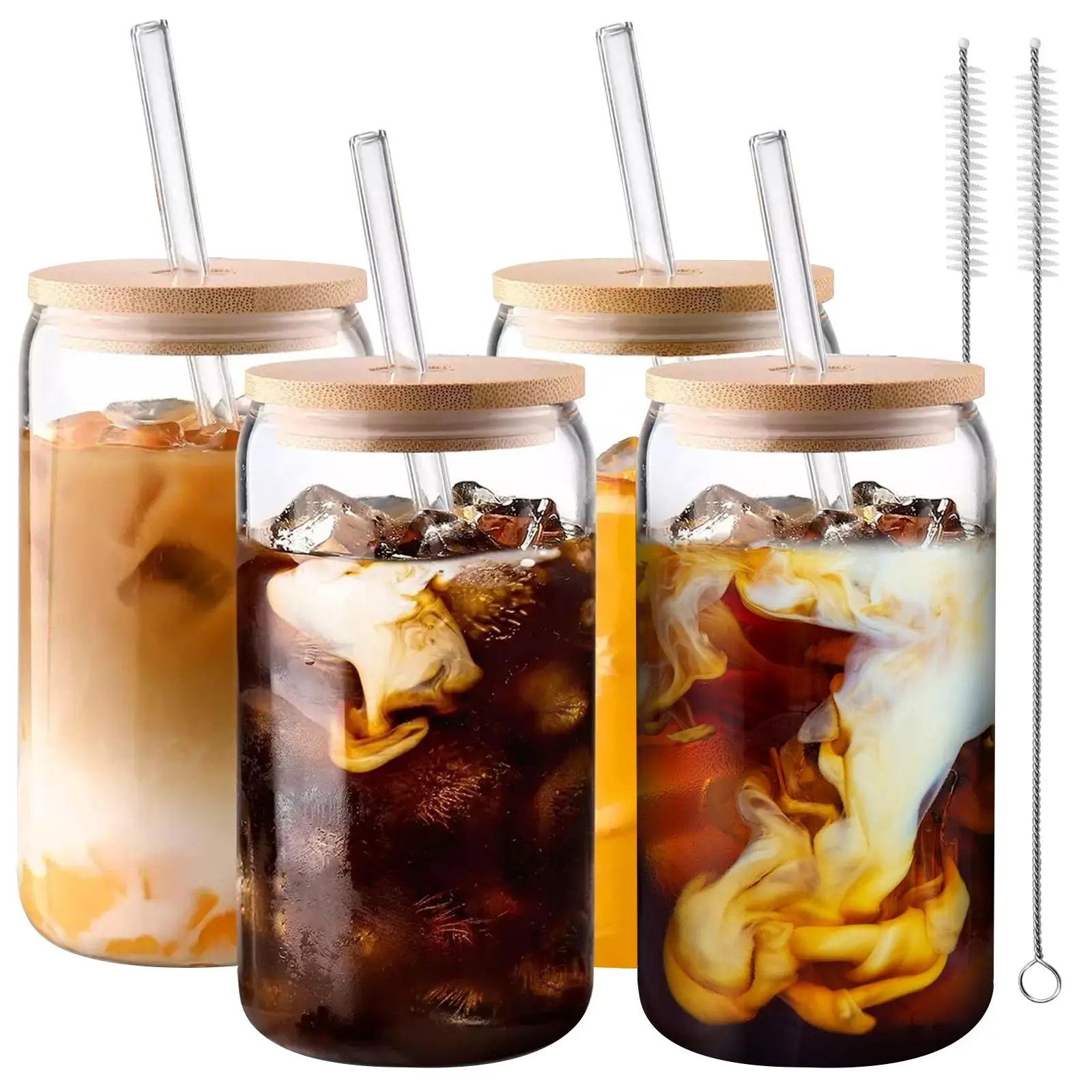4 Packs 20oz Glass Cups Set with Bamboo Lids and Glass Straws Drinkware, Coffee Bottles, Tumblers and Mug, Birthday Gifts for Friends and Family