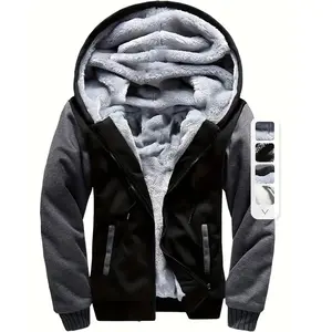 Men's Stylish Warm Fleece Longsleeves Hooded Jacket - Menswear Autumn Winter Simple Color Block Casual Top, Black Western Coat