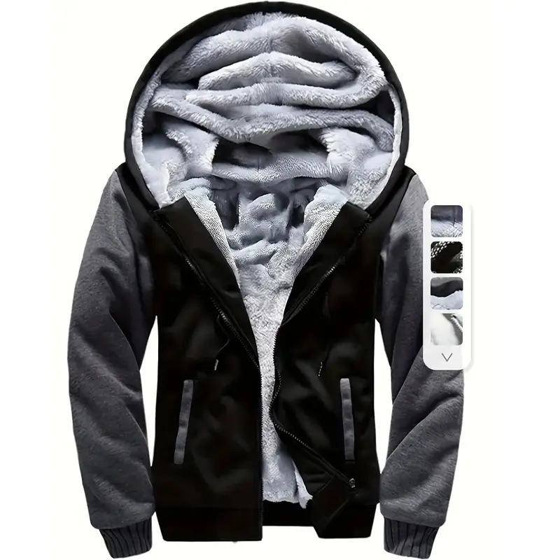 Men's Stylish Warm Fleece Longsleeves Hooded Jacket - Menswear Autumn Winter Simple Color Block Casual Top, Black Western Coat