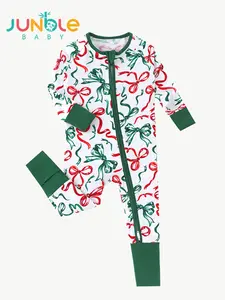 JUNBLEBABY Unisex Cotton All-in-1 Crawling Bodysuit - Green Jungle-Print Long-Sleeved 1-Piece with 2 Double Zippers, Reversible Footies, Soft Breathable Fabric for Spring Use, Zipper