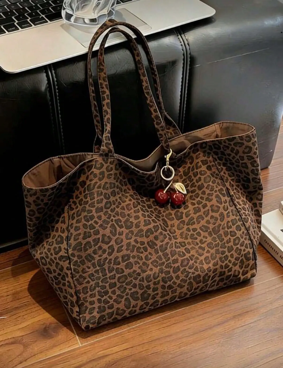 Large Capacity Leopard Slouchy Shoulder Tote Bag with Red Cherry Pendant. Sturdy Dual Top Handles for Hand Carry. Everyday Handbag Underarm Purse, Laptop Bag for Student Suitable for Storing Daily Essentials, Perfect for Commuting, Shopping, Travel