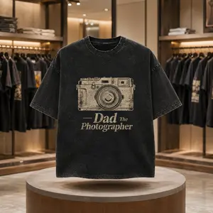 Men's Acid Wash Vintage Camera Graphic Tee, Retro Dad The Photographer Shirt, Casual Faded Tops classic streetwear