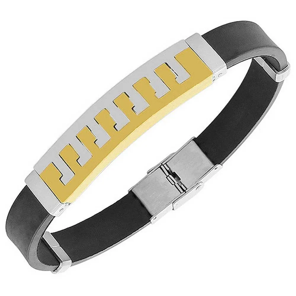 Men's 8.5in Long Gold-Tone Horizon Rubber Bracelet - 0.50in Black Metal Accent, Secure Clasp, Casual Imported Smart & Wearable Device Accessory, Ideal Birthday Gift, 2-Tone Jewelry, AC352