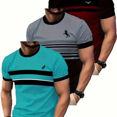 3pcs Men's Quick-Dry Breathable Moisture-Wicking T-Shirts - Gym Tees, Workout T Shirt, Suitable for Swimming, Gym & Daily Wear, Round Neck Short Sleeve Athletic Shirts with Striped Patterns, Machine Washable Regular Fit