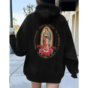 Virgen de Guadalupe Hoodie – Reina de México Back Print Pullover, Catholic Faith Streetwear, Spiritual Rose Graphic Hoodie, Religious Gift for Believers