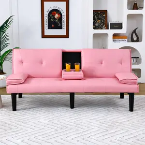 67"Modern Futon Sofa Bed,Convertible 3 in 1 Sleeper Bed Couches with Adjustable Backrest,Cup Holders,Comfy PVC Leather Recliner Sofa Loveseat with Chrome Legs for Small Home Living Room (Pink)