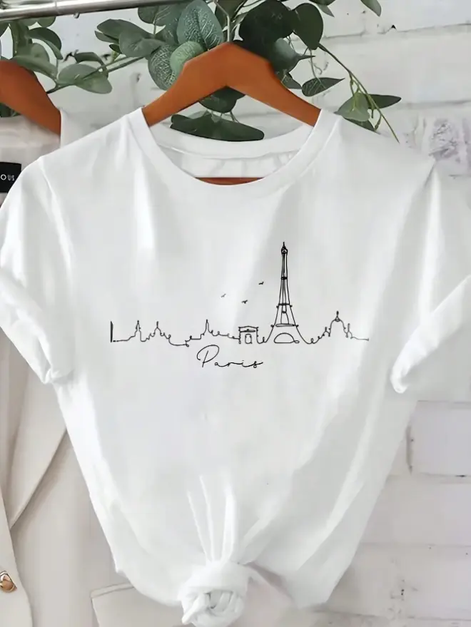 Women Soft Cotton T‑Shirt Minimal Paris City Skyline Eiffel Tower Line Art Print Casual Short Sleeve Aesthetic Tee