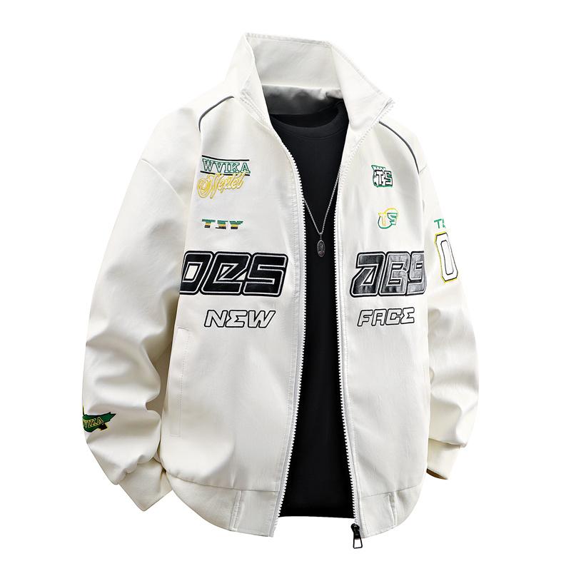 Men's White Racing Style Graphic Jacket, Stand Collar Streetwear Casual Zip-Up Outerwear