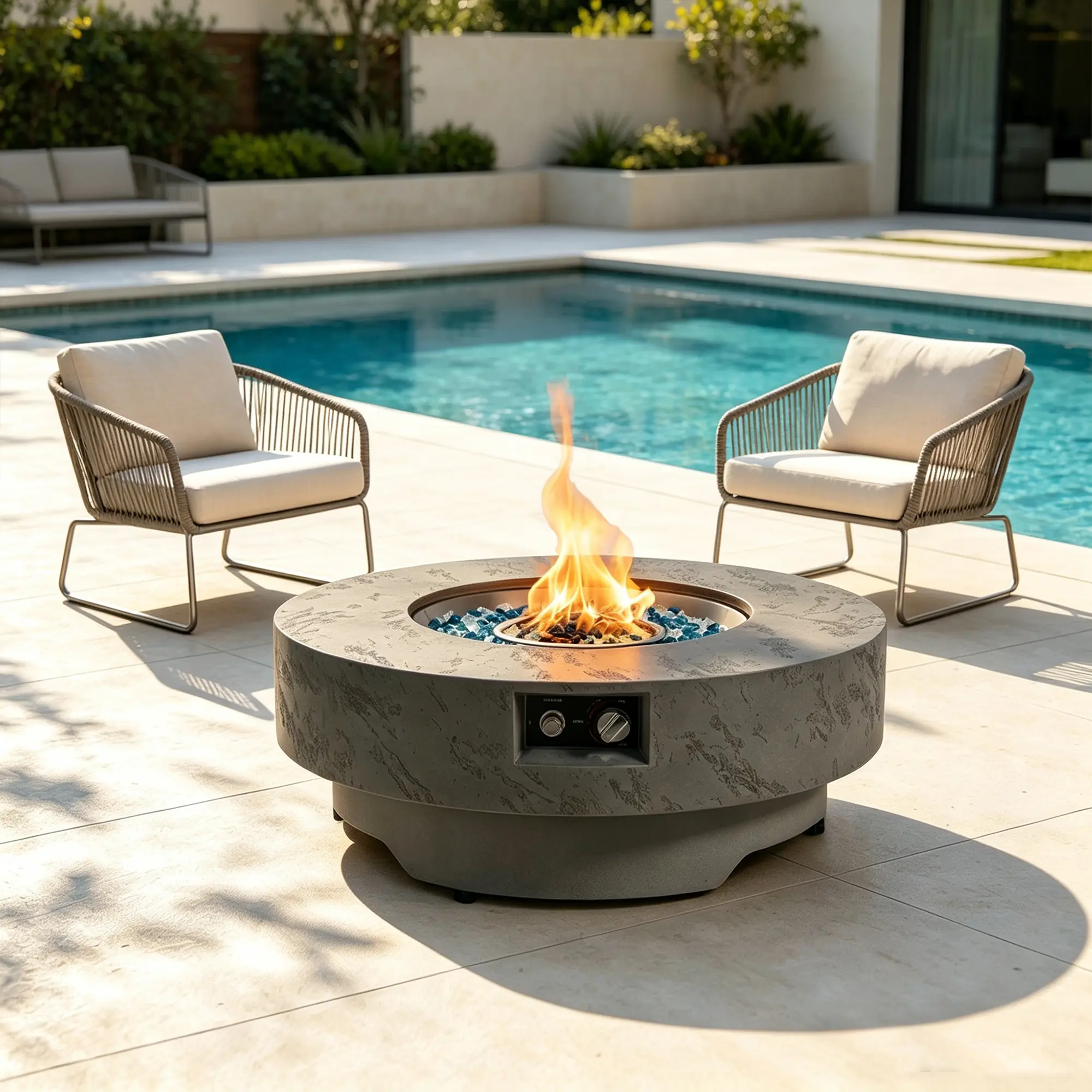 34 Inch Circular Propane Fire Table, 50,000 BTU Outdoor Patio Fire Pit with Round Burner Cover, Decorative Glass Stones, and Weather Cover, Two Height Options Available for Garden, Backyard, Deck, or Living Room Side Table Use