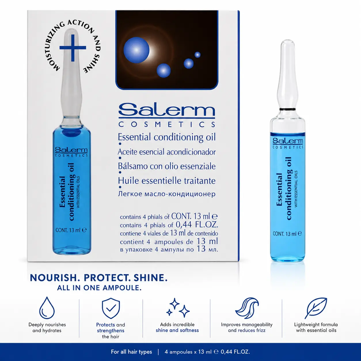SALERM Essential Conditioning Oil, Hydrating Silk Protein Hair Treatment for Dry, Color & Chemically Treated Hair - 4 x 0.44 oz Liquid Ampoules, Hair Care Product Hair Care Hydration Nourishing Hair