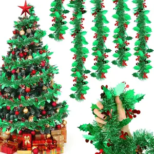 40ft Green Christmas Tinsel Garland with Red Berries - Metallic Twist Shiny  Ornament for Xmas Tree,  Stairs, Indoor Outdoor Party Decoration
