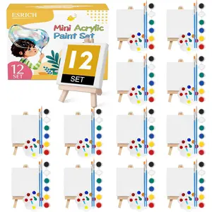 12 Set Mini Acrylic Paint Kit, Stretched Canvas with Easel, Acrylic Paint Strips, Palettes, Painting Brushes, Mini Canvas and Easel Set for Kids Artists Beginner Gift
