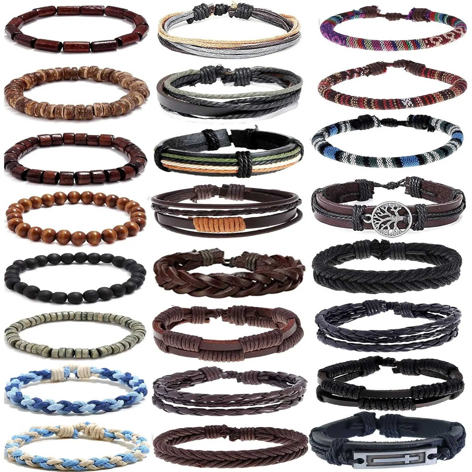 24-Piece Unisex Braided Beaded Bracelets Set - Handmade Strap Bracelets, Cuff Wraps, Layered Bands, Ethnic Tribal Adjustable Design, PU and Wood Mixed Materials, Strap Bracelet