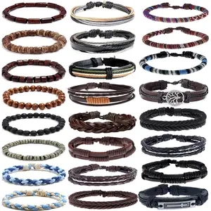 24-Piece Braided PU & Bead Bracelet Set for Men Women Adjustable Wristband Ethnic Tribal Handmade Wrap Bracelets with Wooden Beads and PU Materials