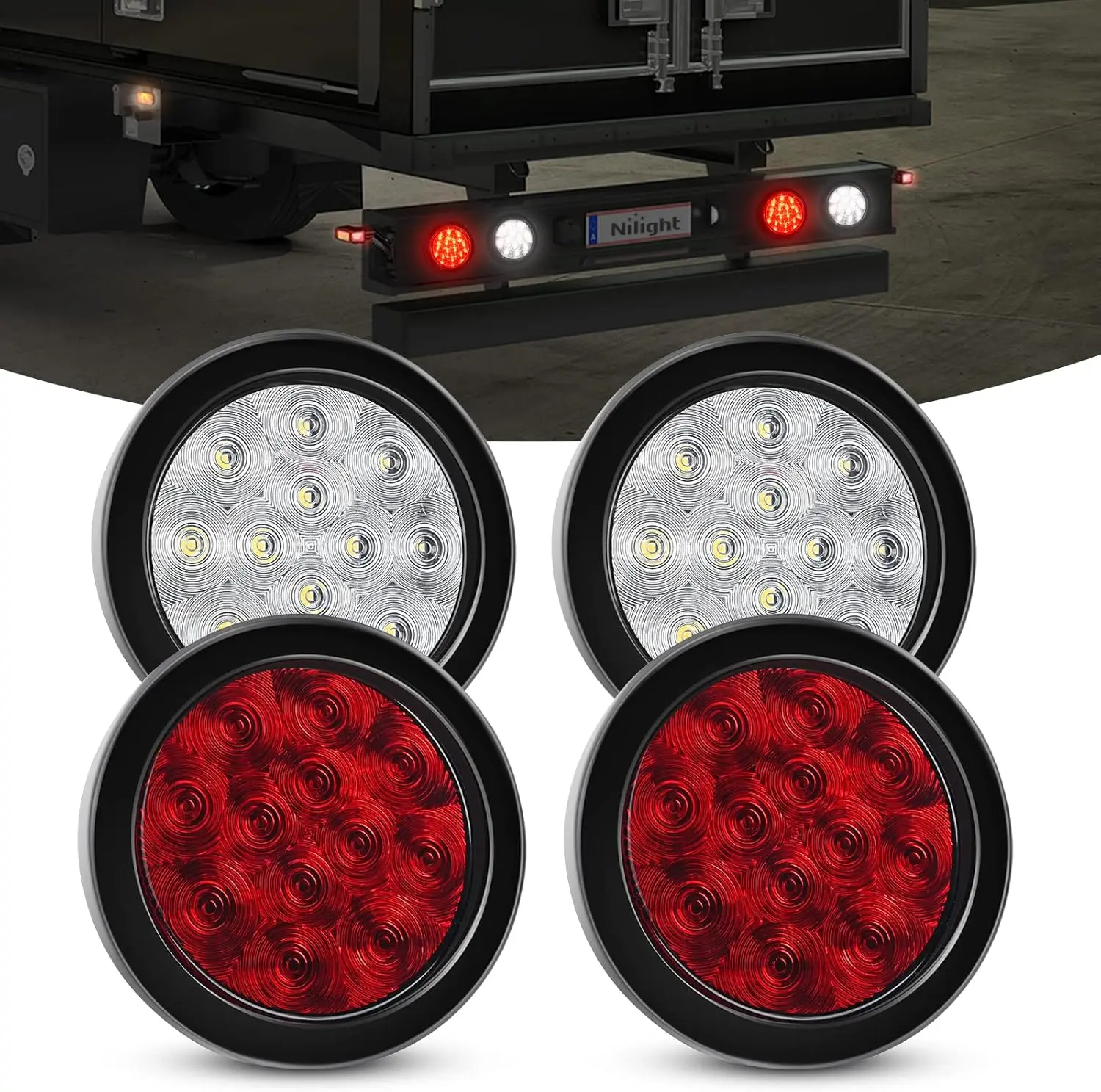 Nilight 4PCS 4” 12LED Round LED Lights Car, Rear Reverse Brake Turn Tail Lights with Surface Mount Grommet Plugs, IP67 Waterproof for Truck, Trailer (White and Red), Rear Lights