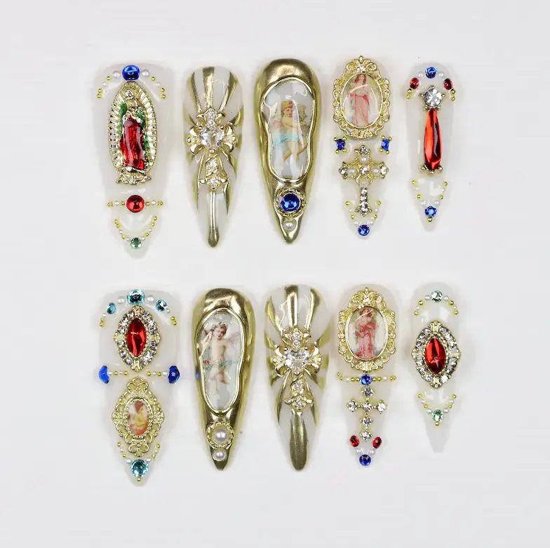 Holy Baroque Press On Nails – Virgin Mary & Gold Jewel Cross Nail Art, Handmade Nails, 3D Nail Design, Delicate, Luxury nails