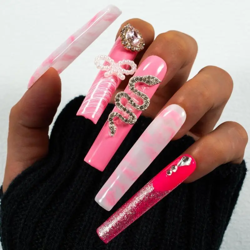 CLEARANCE! 10PCS Pink Bowknot Acrylic Press on Nails,Extra Long Coffin,Salon Quality,Gothic Manicure ,Birthday Gift