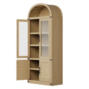 71" Tall Arched Bookshelf, Modern Farmhouse Bookcase with Open Shelf, Freestanding Wooden Display Cabinet Organizer with 4 Glass Doors for Living Room, Bedroom, Black