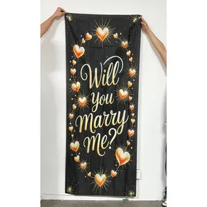 2D flat banner, 1pcGolden 'Will You Marry Me?' Proposal Backdrop, Heart & Glitter Decorations for Romantic Proposal Photoshoot