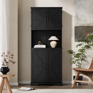 Cozy Castle 74" Farmhouse Pantry Cabinet with Charging Station, Tall Kitchen Storage Hutch Cabinet Coffee Bar Workstation, Sideboard Buffet Cupboard for Dining Room Living Room Furniture