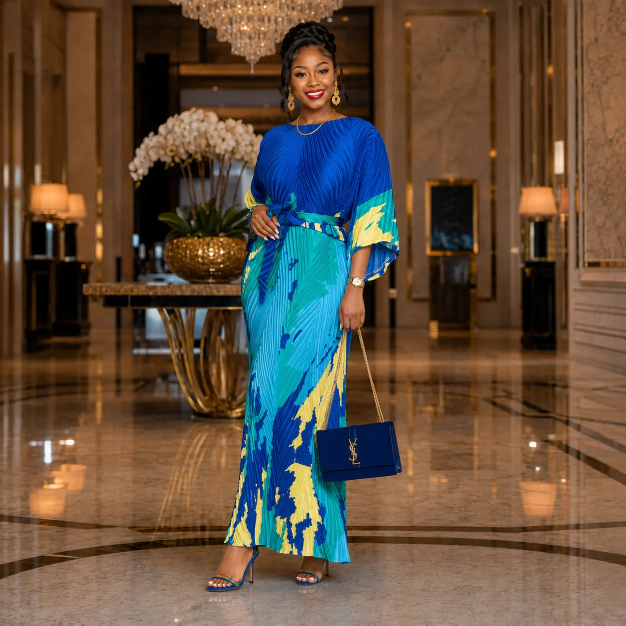 Azure Elegance Pleated Maxi Gown
