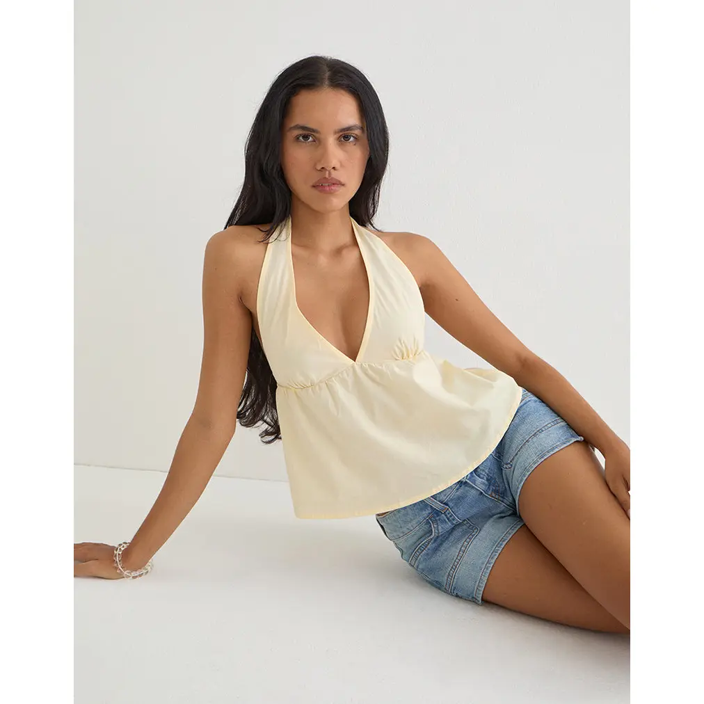 Motelrocks Women's Eldana Baby Doll Top in Solid Buttermilk Poplin, a Sleeveless Halter with a Deep V-Neck and Floaty Fit to Pair with Denim