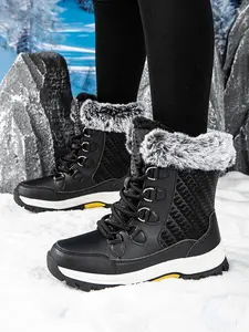 Women's Patchwork Lace Up Thermal Lined Hiking Shoes, Casual Warm Ankle Hiking Shoes for Winter, Outdoor Hiking Shoes for Women & Girls, Outdoor Hiking Boots