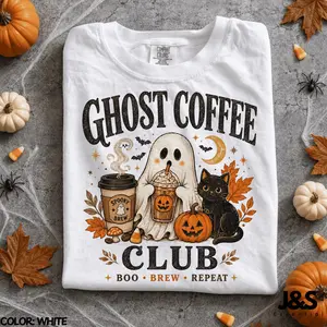 Comfort Colors Ghost Coffee Club Halloween T-Shirt, Spooky Coffee Lover Tshirt, Cute Ghost Black Cat Pumpkin Fall Tee, Vintage Witchy Cafe Gift, Cozy Halloween Gift for Women & Men