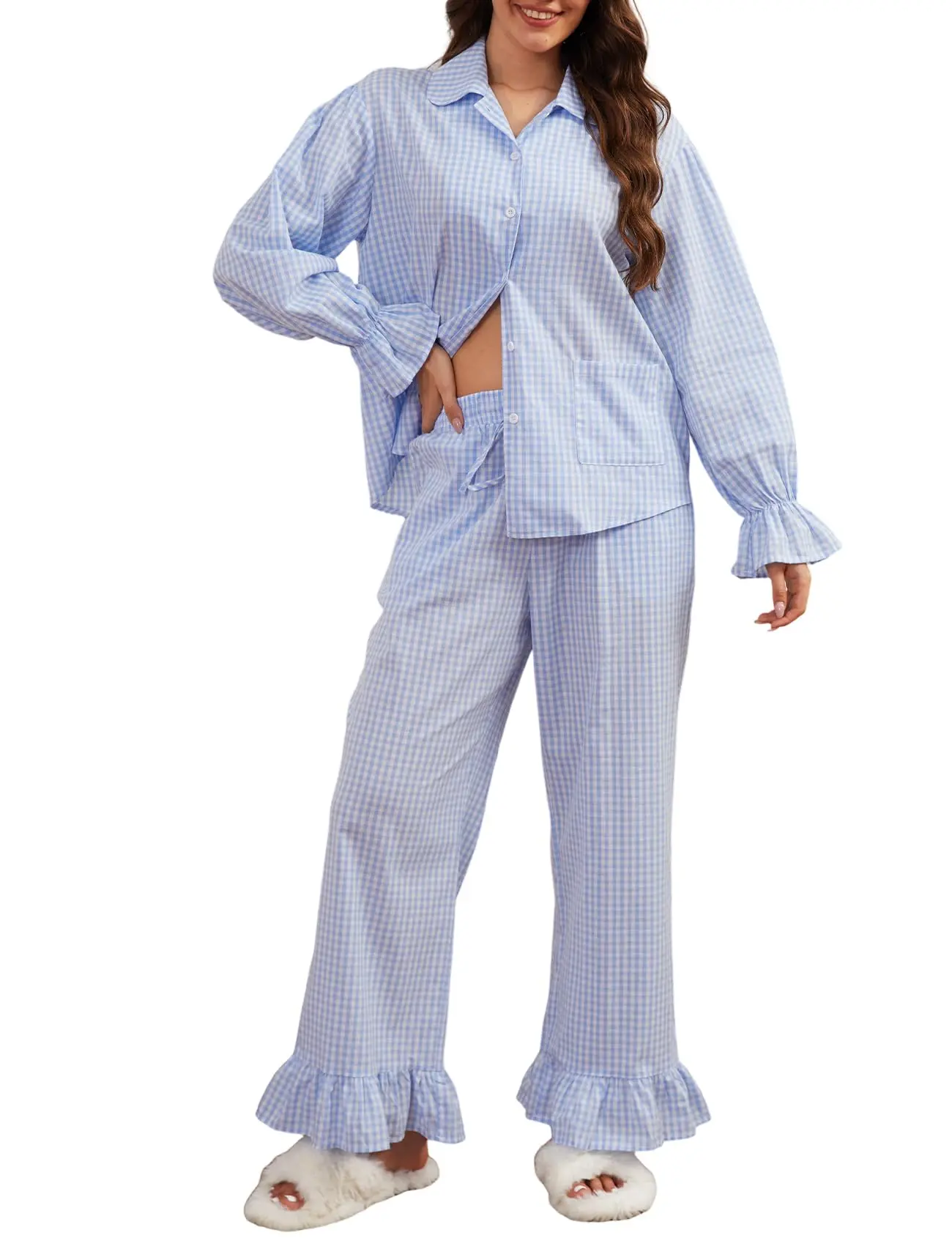 Yimoon Womens Cotton Gingham Pajamas Sets 2 Piece Ruffle Pamaja Plaid Pjs Button Down Shirt Pants Lounge Set